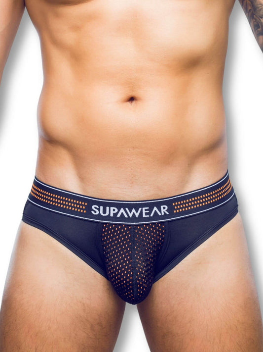 black men's underwear with orange accents and 'Supawear' branding on a white background