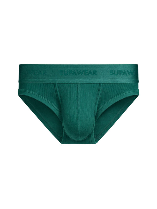 A pair of dark green men's briefs with a wide waistband featuring the brand name 'SUPAWEAR' printed in a matching dark green tone, shown against a plain white background.