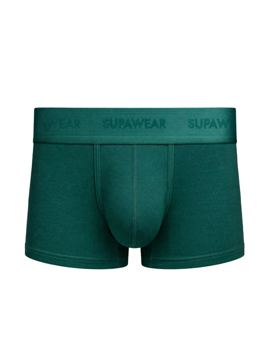 Dark green men's boxer briefs with a matching elastic waistband featuring the brand name 'SUPAWEAR' printed in tonal green.