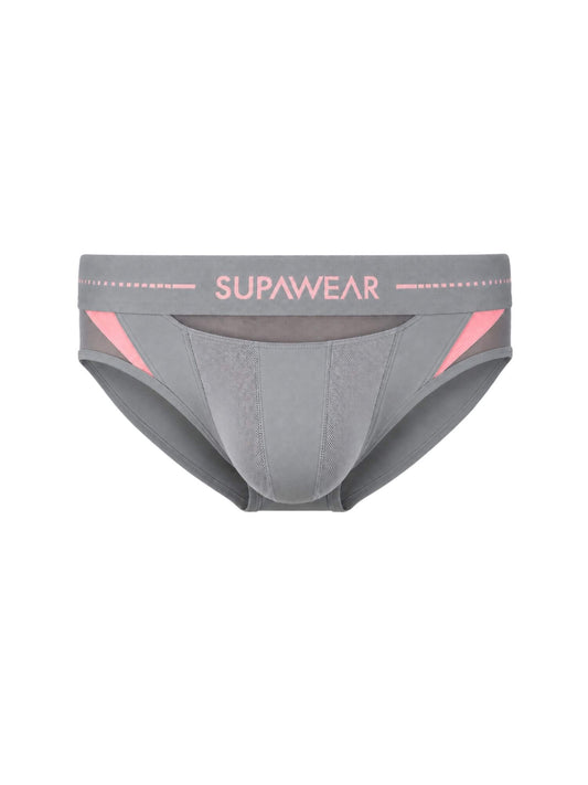 Gray men's briefs with pink accents and the brand name SUPAWEAR printed on the waistband, shown against a plain white background.