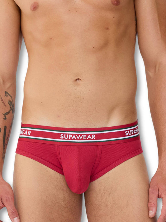 Red men's underwear with Supawear waistband on a white background
