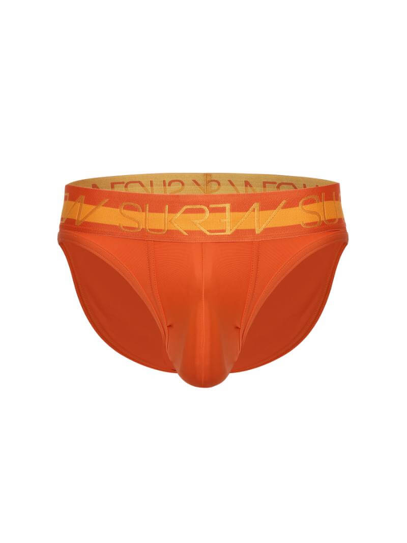 A pair of men's briefs with a large moulded pouch, featuring a gray body with a yellow waistband and yellow trim.