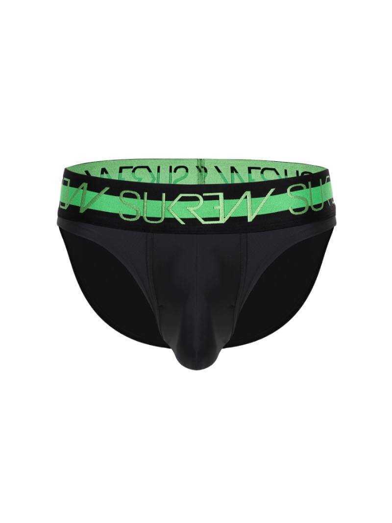 A pair of men's briefs with a large moulded pouch, featuring a gray body with a yellow waistband and yellow trim.