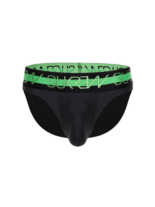 A pair of men's briefs with a large moulded pouch, featuring a gray body with a yellow waistband and yellow trim.