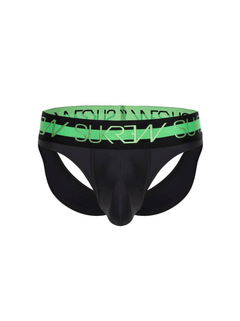 A black SUKREW Highlight jock thong with a contrasting green waistband and signature white branding on the leg. The underwear features a large pouch and contoured front.