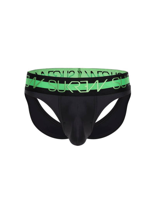 A black SUKREW Highlight jock thong with a contrasting green waistband and signature white branding on the leg. The underwear features a large pouch and contoured front.