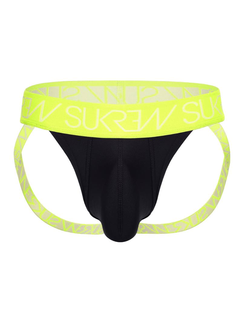 Black men's underwear with yellow waistband featuring 'Sukren' brand on a white background