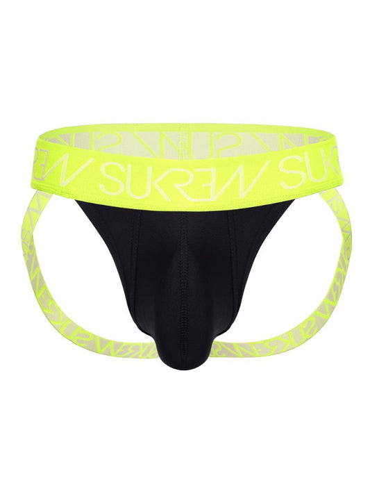 Black men's underwear with yellow waistband featuring 'Sukren' brand on a white background