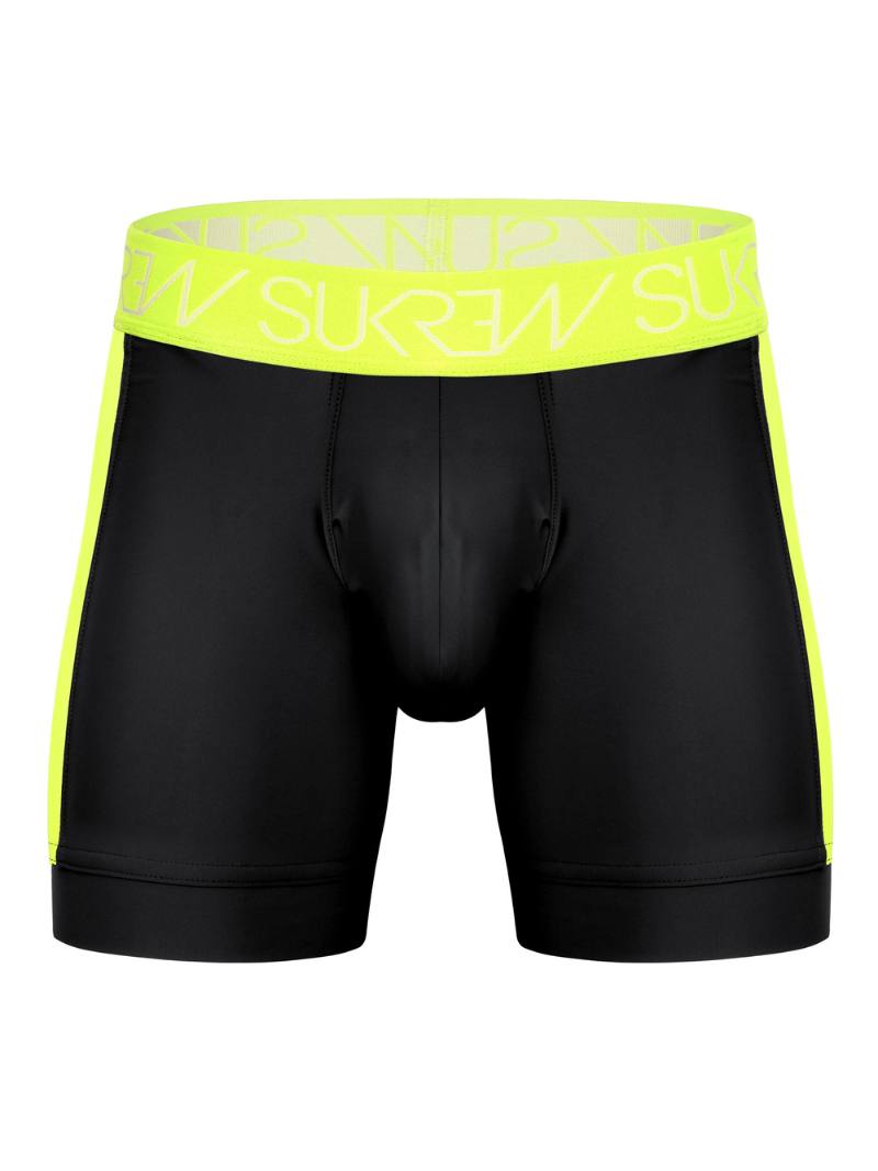 Black boxer briefs with a neon yellow waistband featuring branding on a white background