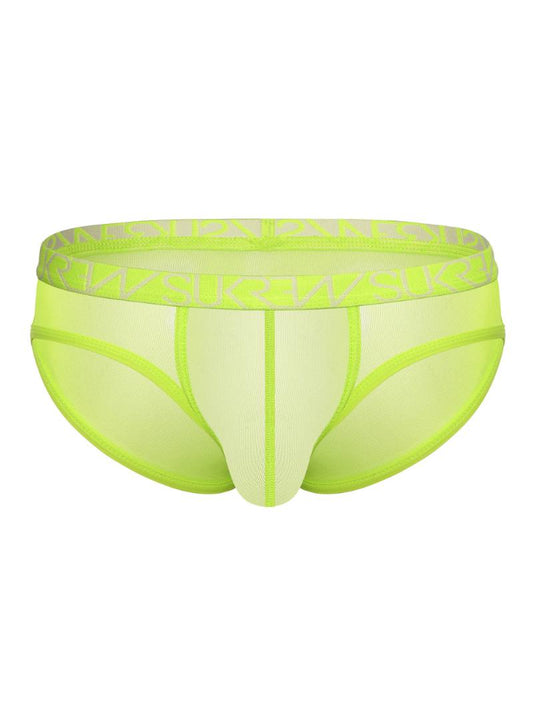 Neon green men's underwear with brand logo on a white background