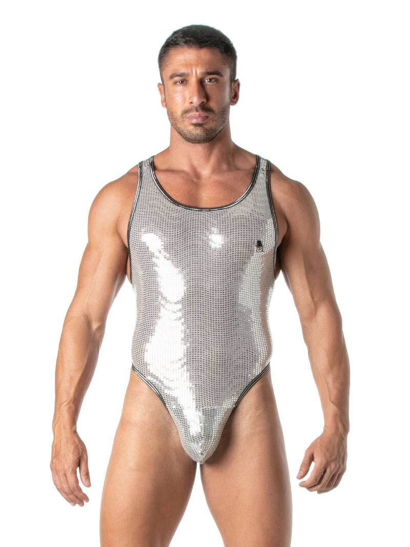 Mens TOF Paris Glitter Bodysuit with Thong Rear