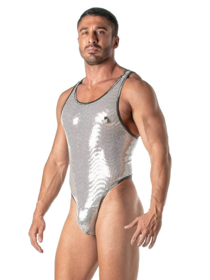 Mens TOF Paris Glitter Bodysuit with Thong Rear