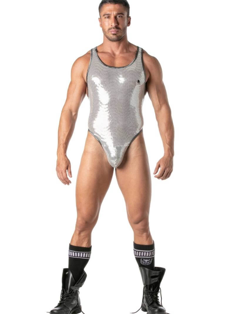 Mens TOF Paris Glitter Bodysuit with Thong Rear