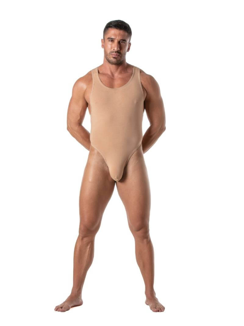 Mens TOF Paris Skin Tone Bodysuit Leotard with Thong Rear
