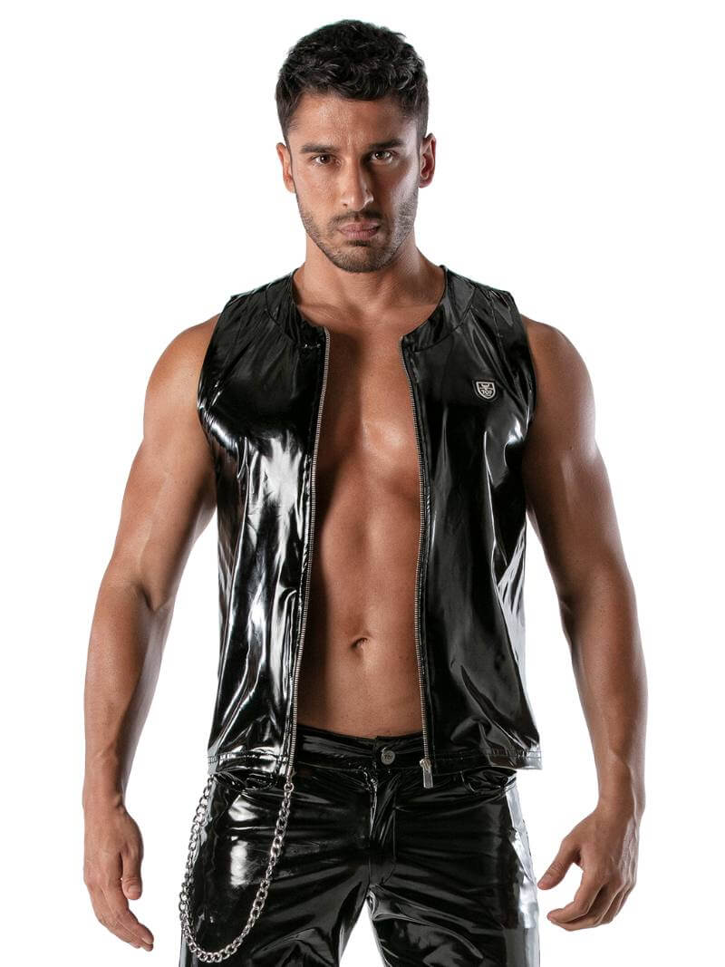 Mens TOF Paris Vinyl Tank Top: Shiny PVC Look, Zipped, Stretch Fit