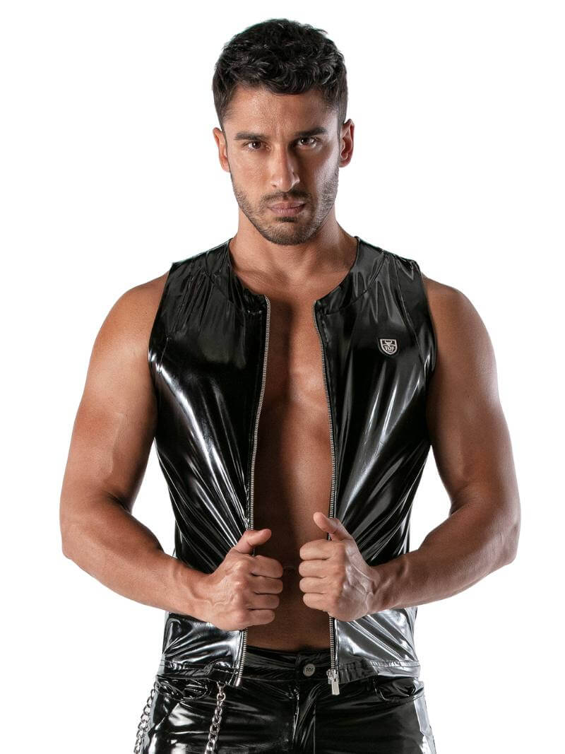 Mens TOF Paris Vinyl Tank Top: Shiny PVC Look, Zipped, Stretch Fit