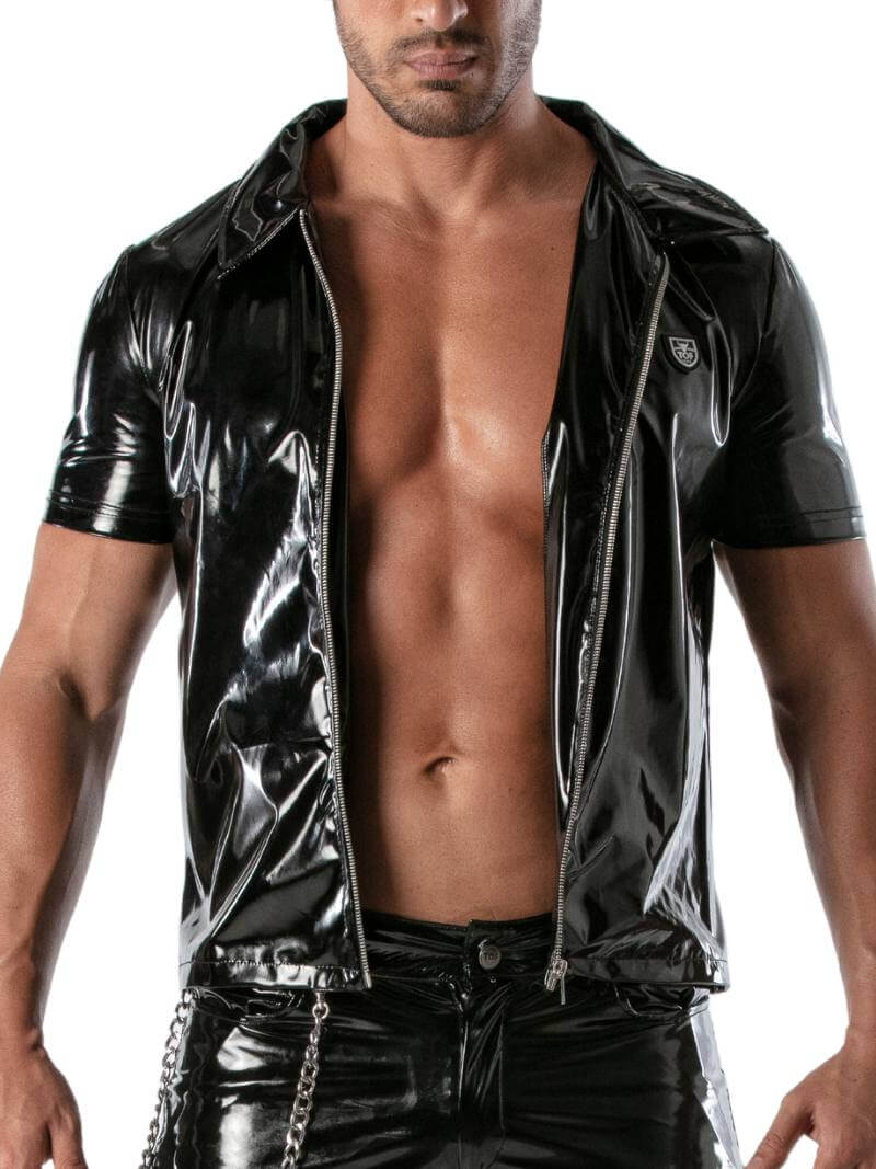Mens TOF Paris Vinyl Shirt: Zipped, Short-Sleeves, Shiny PVC Look