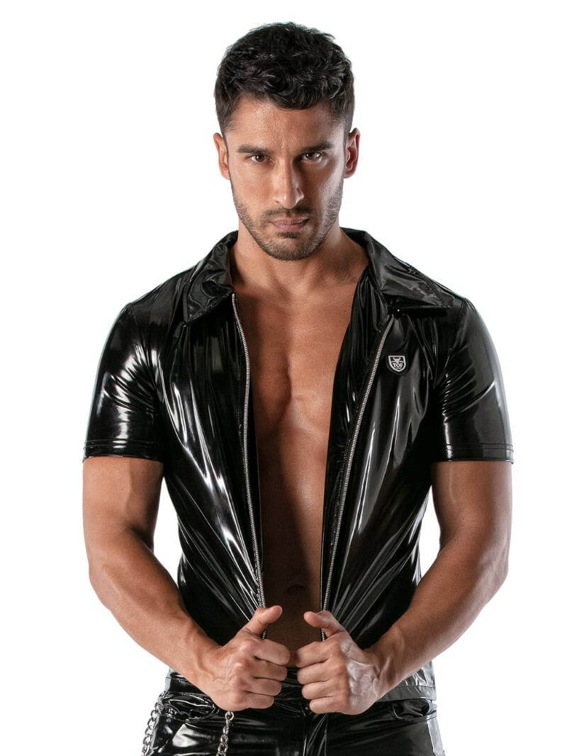 Mens TOF Paris Vinyl Shirt: Zipped, Short-Sleeves, Shiny PVC Look