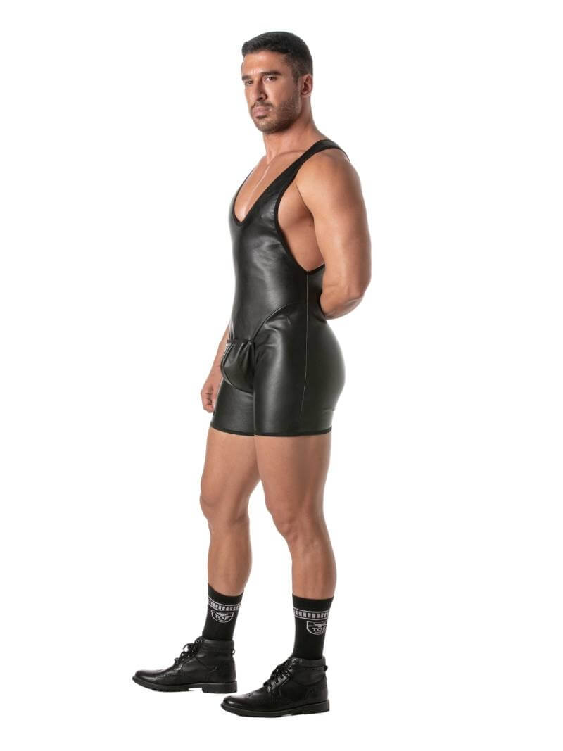 Mens TOF Paris Kinky Leather Look Bodysuit with Removable Pouch