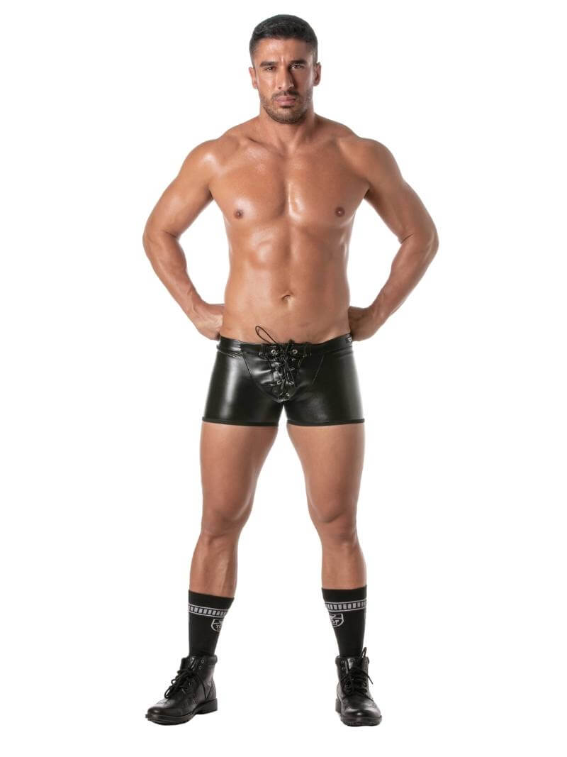 Mens TOF Paris Kinky Leather Look Boxer with Lace-Up Pouch