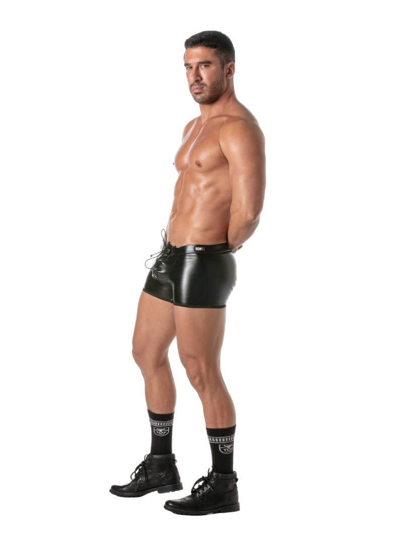 Mens TOF Paris Kinky Leather Look Boxer with Lace-Up Pouch