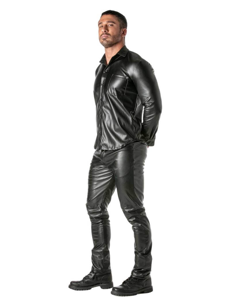 Mens TOF Paris Kinky Shirt: Faux Leather, Long Sleeves, Button-Up, Collared