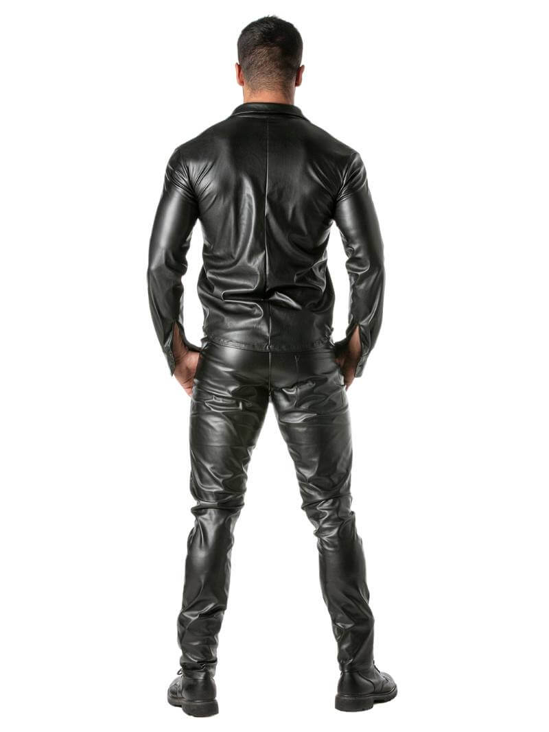 Mens TOF Paris Kinky Shirt: Faux Leather, Long Sleeves, Button-Up, Collared