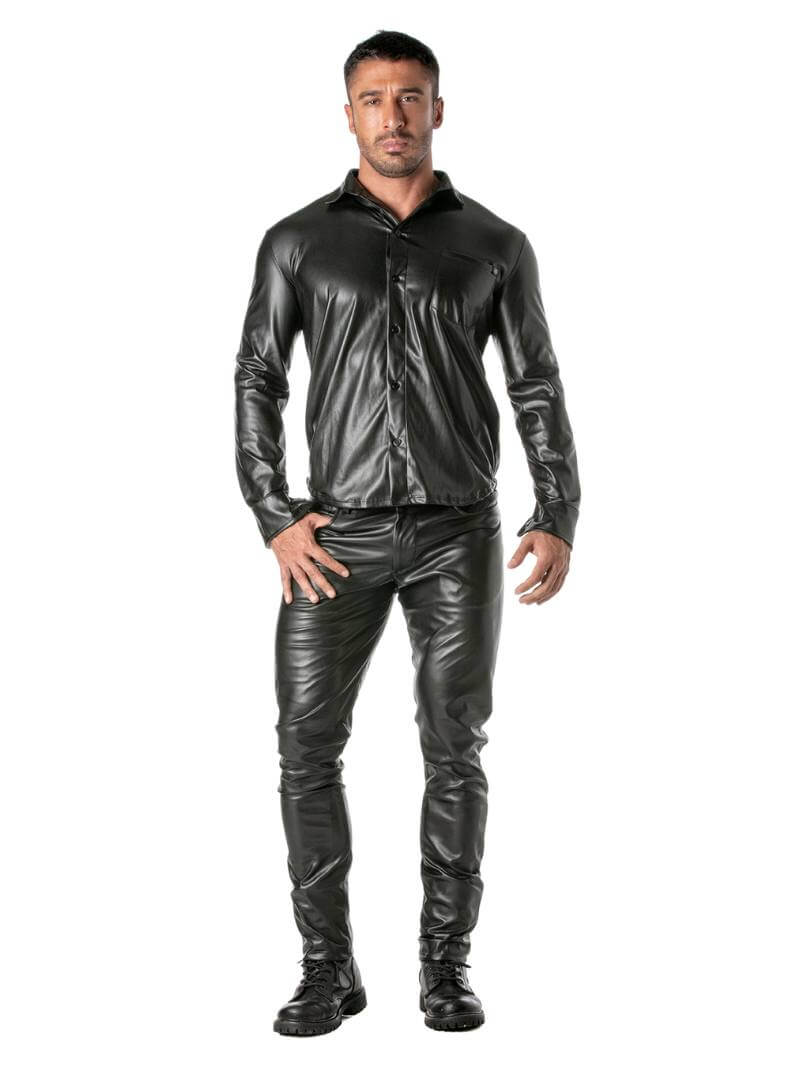 Mens TOF Paris Kinky Shirt: Faux Leather, Long Sleeves, Button-Up, Collared
