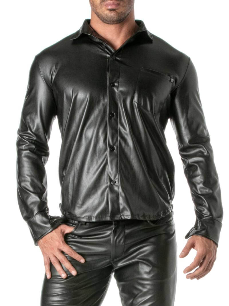 Mens TOF Paris Kinky Shirt: Faux Leather, Long Sleeves, Button-Up, Collared