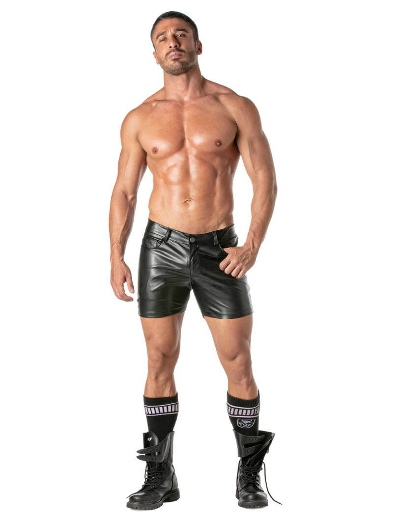 Mens TOF Paris Kinky Leather Look Mid-Thigh Short