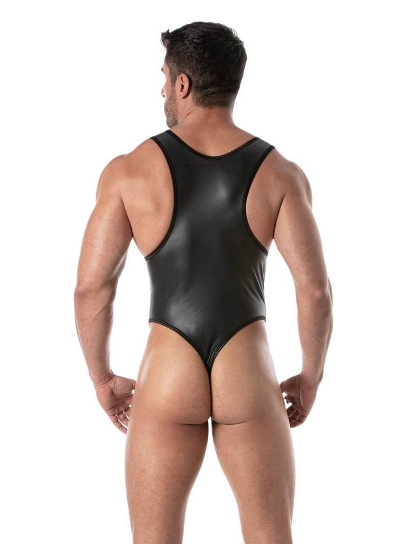 Mens TOF Paris Kinky Leather Look Bodysuit with Thong Rear