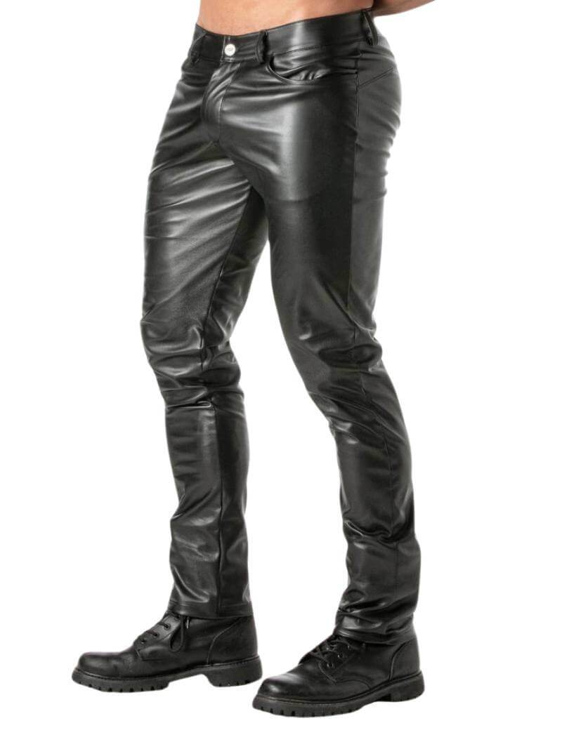 Mens TOF Paris Kinky Leather Look Pants, Straight Cut, Butt Accentuating Slim Fit