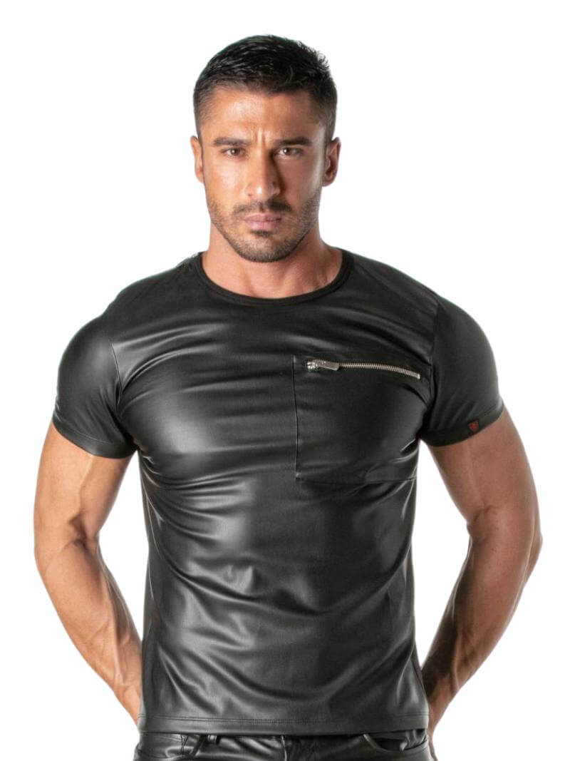 Mens TOF Paris Kinky Leather-Look T-Shirt with Zipped Chest Pocket