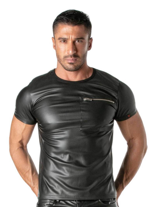 Mens TOF Paris Kinky Leather-Look T-Shirt with Zipped Chest Pocket