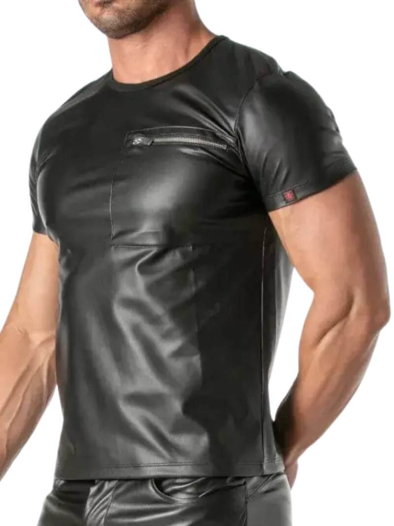 Mens TOF Paris Kinky Leather-Look T-Shirt with Zipped Chest Pocket