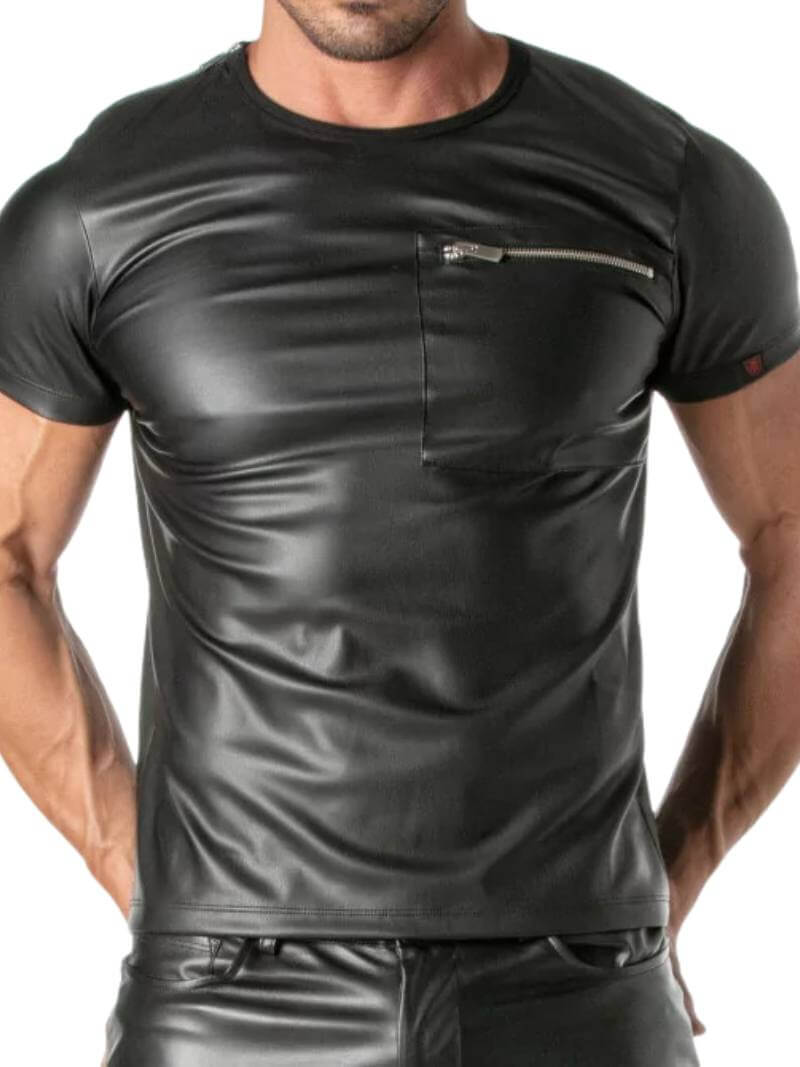 Mens TOF Paris Kinky Leather-Look T-Shirt with Zipped Chest Pocket