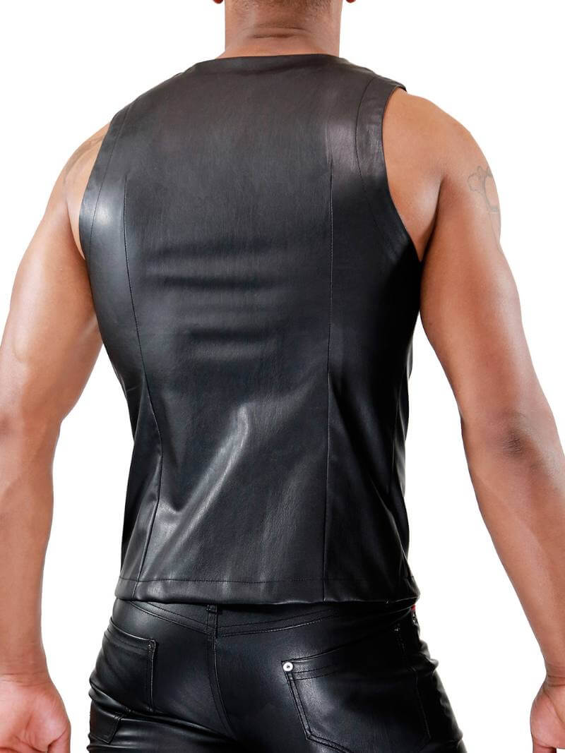 Mens TOF Paris Leather-Look Tank Top: Zipped, Stretch Fit