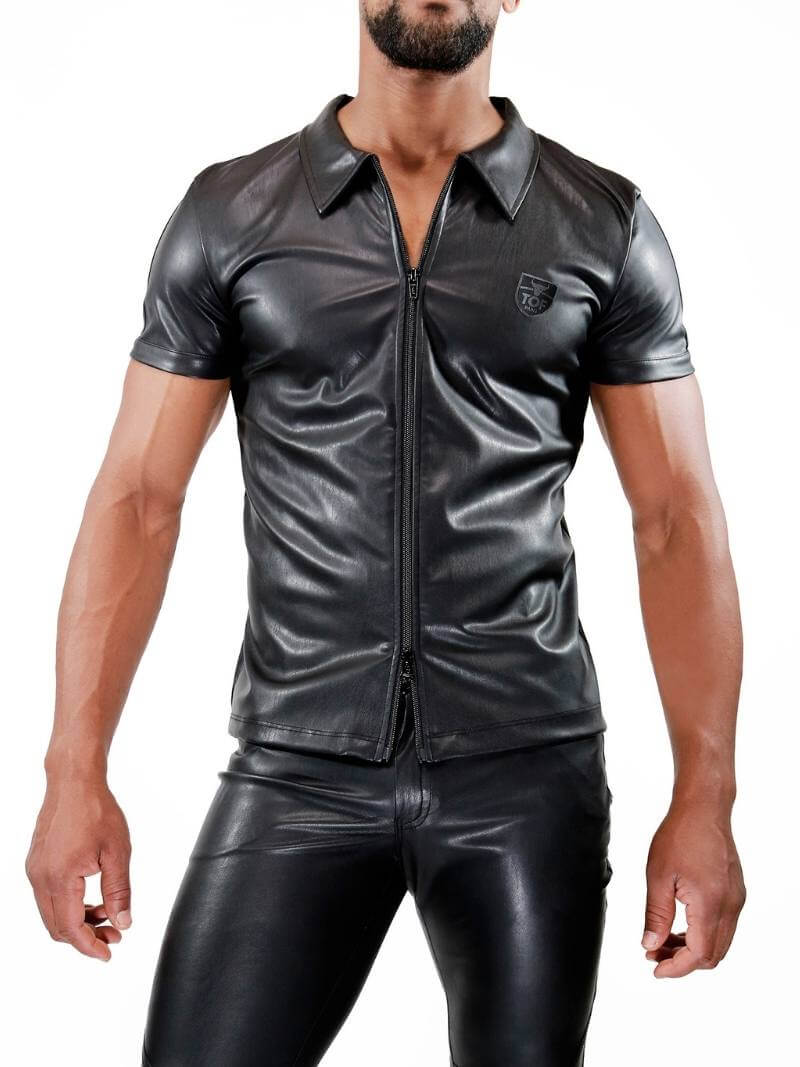 Mens TOF Paris Leather-Look Shirt: Short Sleeves, Zipped, Collared