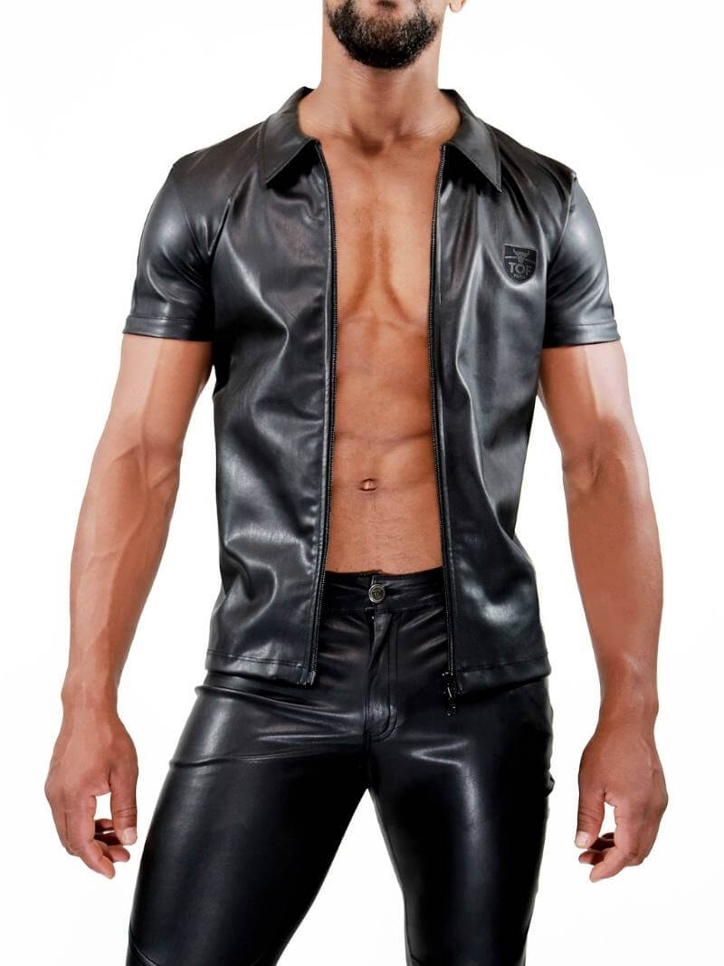 Mens TOF Paris Leather-Look Shirt: Short Sleeves, Zipped, Collared