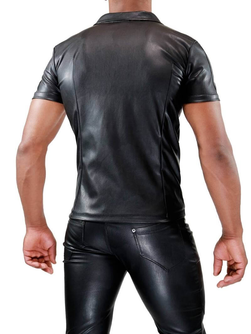Mens TOF Paris Leather-Look Shirt: Short Sleeves, Zipped, Collared