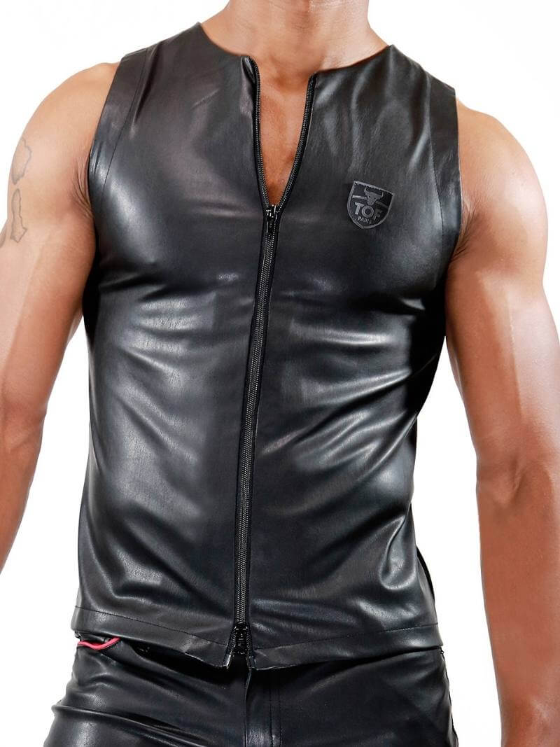 Mens TOF Paris Leather-Look Tank Top: Zipped, Stretch Fit