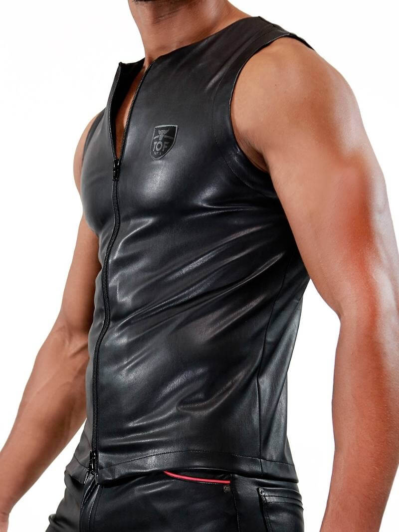 Mens TOF Paris Leather-Look Tank Top: Zipped, Stretch Fit