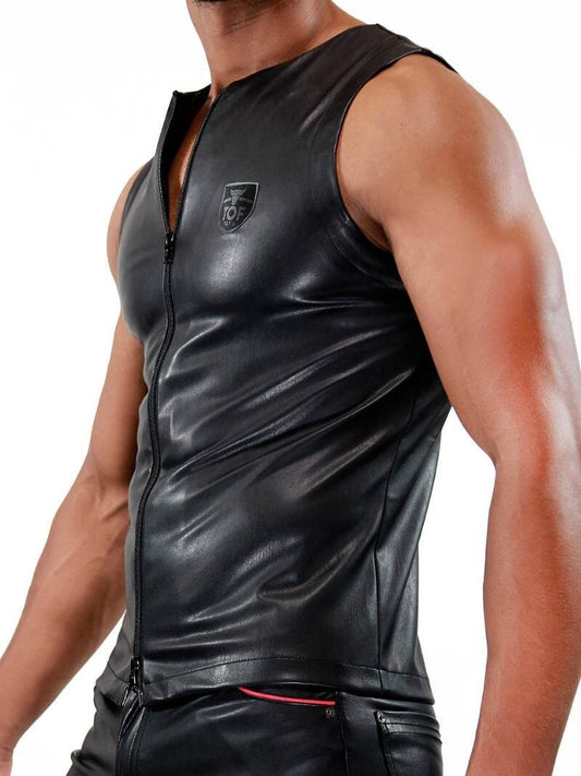 Mens TOF Paris Leather-Look Tank Top: Zipped, Stretch Fit