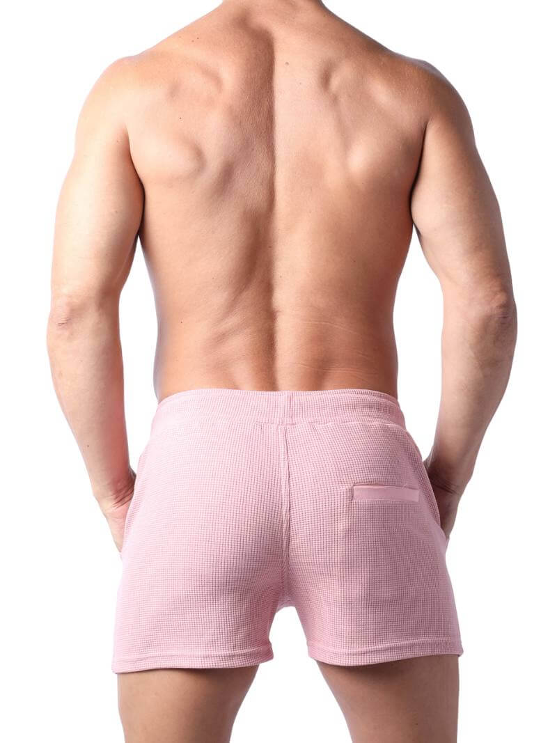 Close-up of pink checkered shorts on a white background