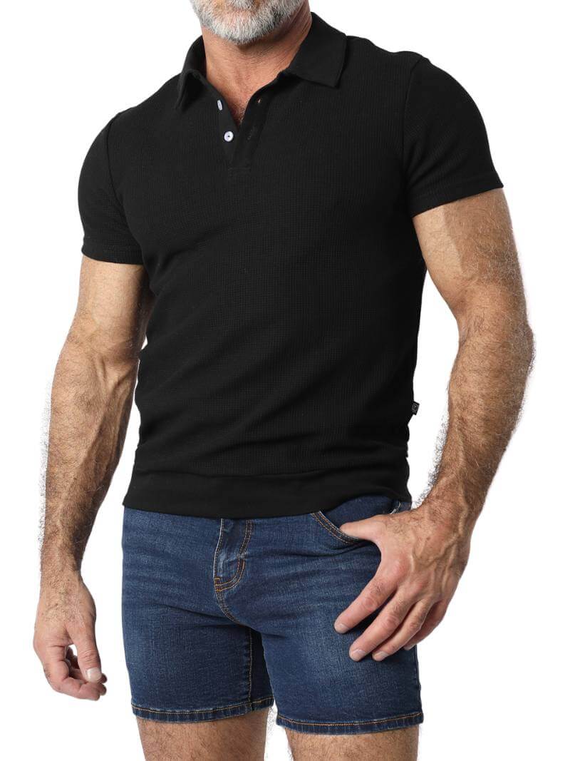 Close-up of a beige textured polo shirt on a person