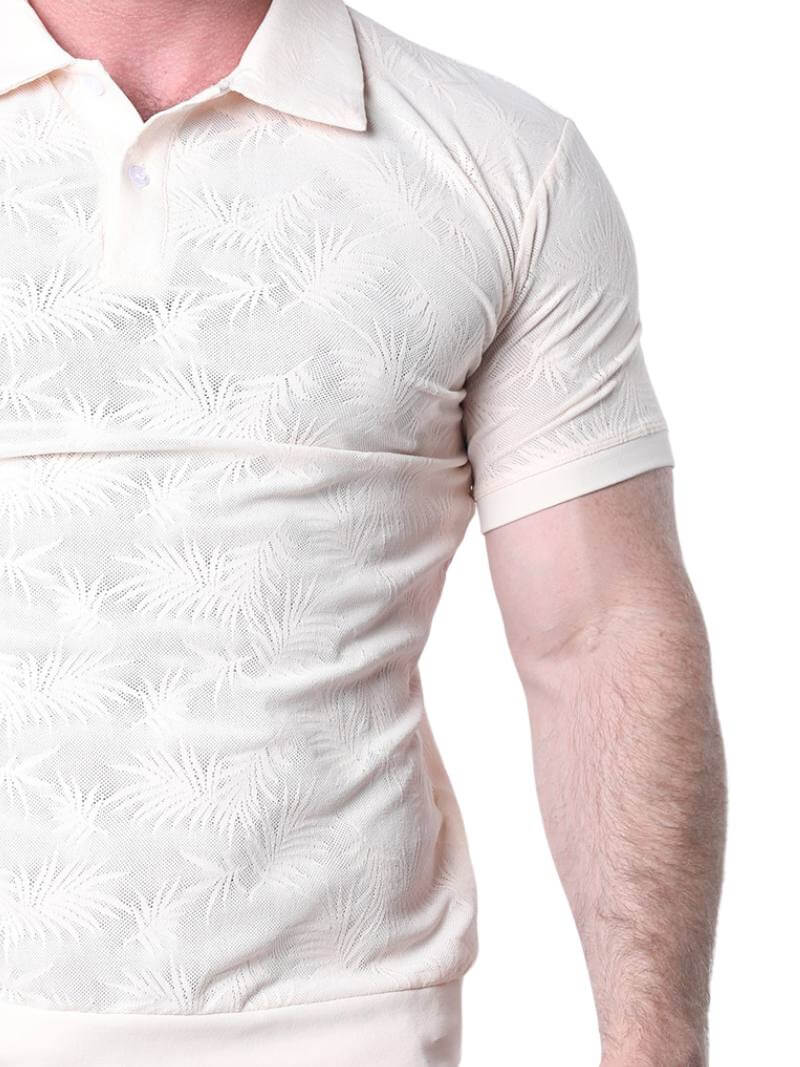 White textured short-sleeve shirt worn by a person on a white background