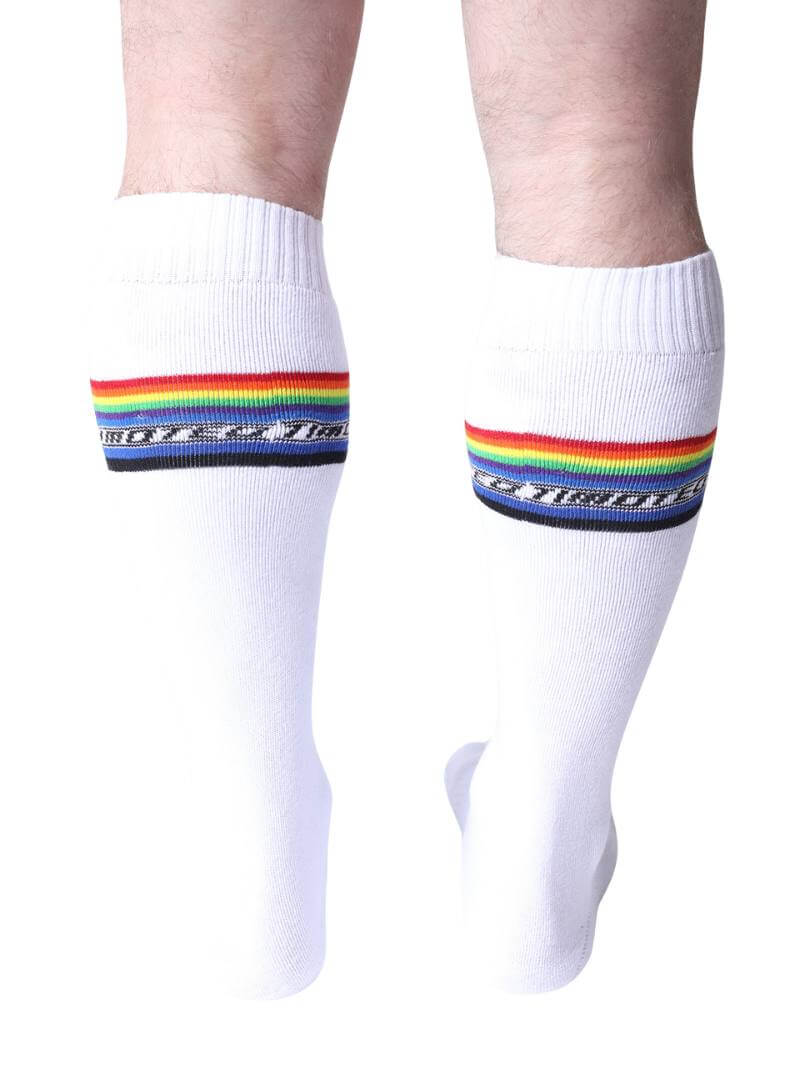 White socks with rainbow stripes on a white background