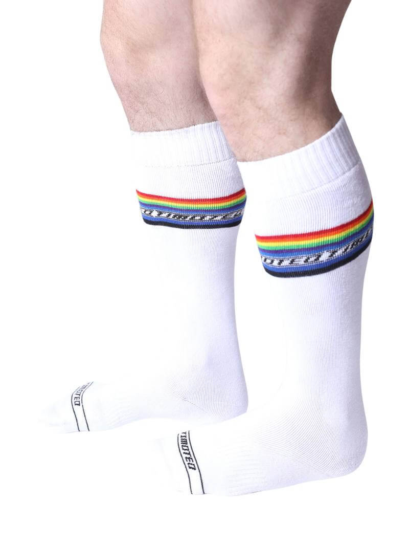 White socks with rainbow stripes on a white background