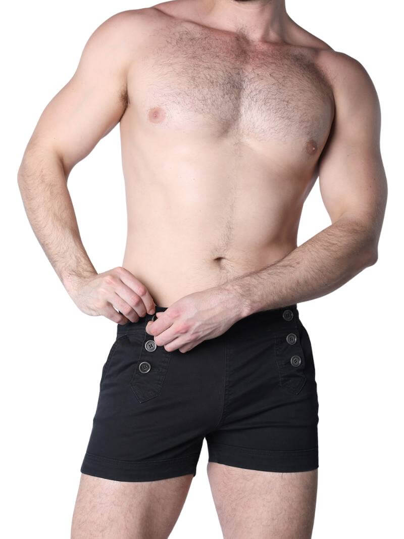 Man wearing black boxer shorts with buttons on a white background