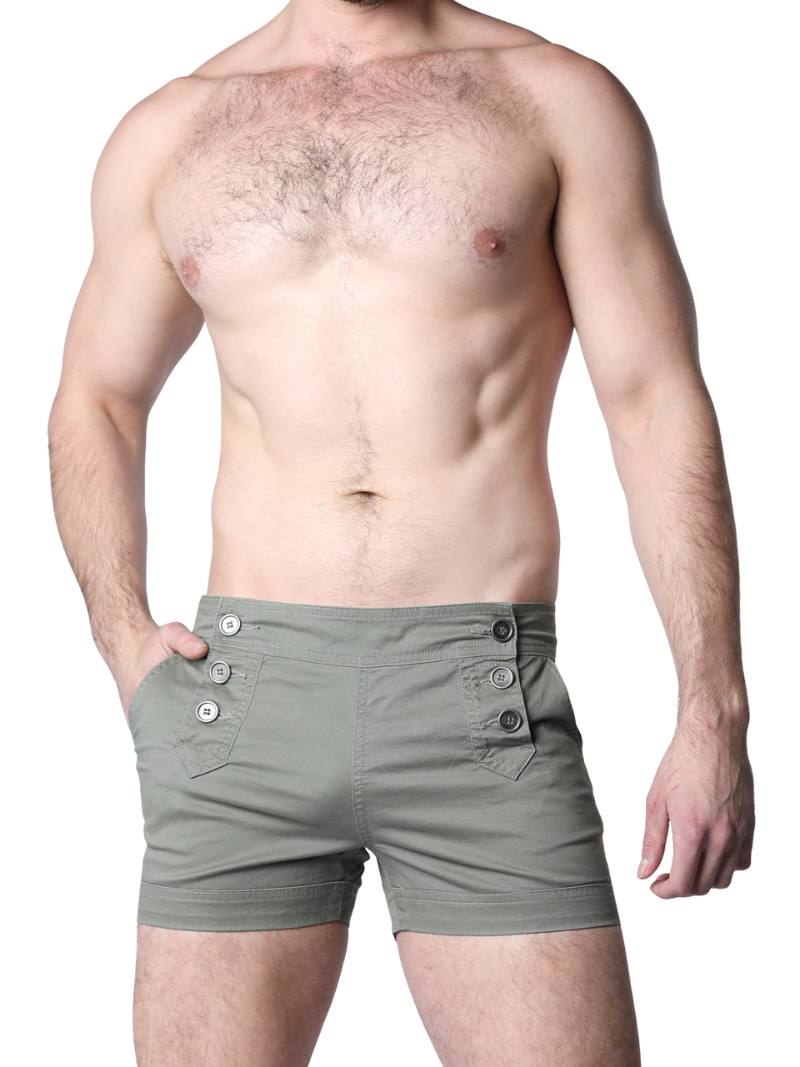Man wearing beige shorts on a white background